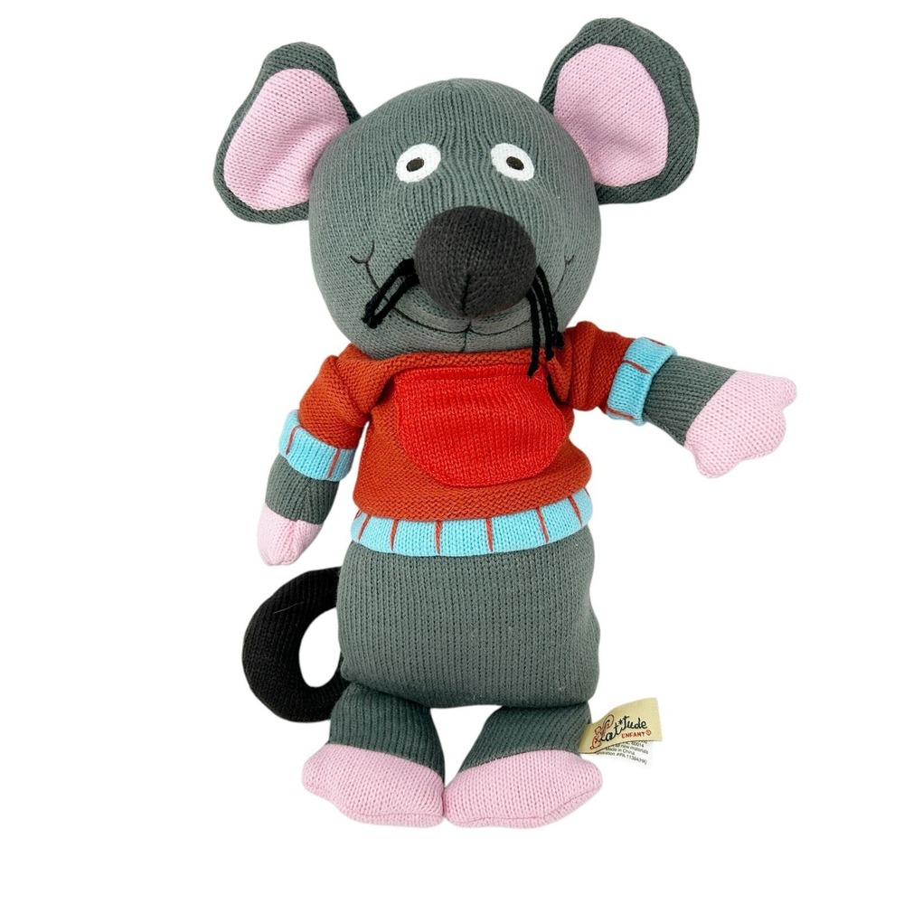 Latitude Enfant Kids Gray Knit Red Sweater Whimsical Mouse Plush Stuffy Toy 15"